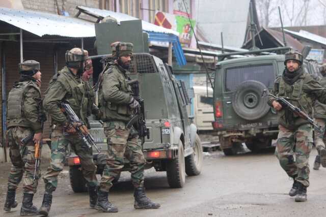 Sopore: soldiers during an encounter with militants in which two militants were killed in jammu and kashmir's sopore town on feb 22, 2019. (photo: ians)